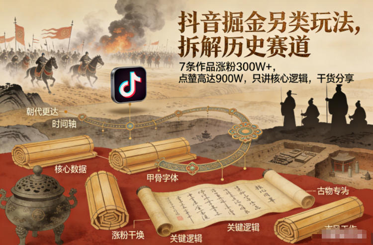 抖音掘金另类玩法，拆解历史赛道，7条作品涨粉300W+，点赞量高达900W，只讲核心逻辑，干货分享-小目标云网创